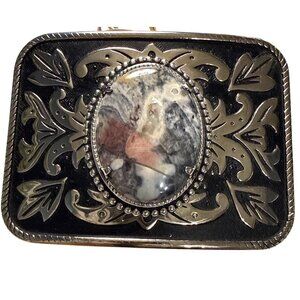 Vintage Western Style Goldtone Belt Buckle With Stone Inlay Rope Design Trim